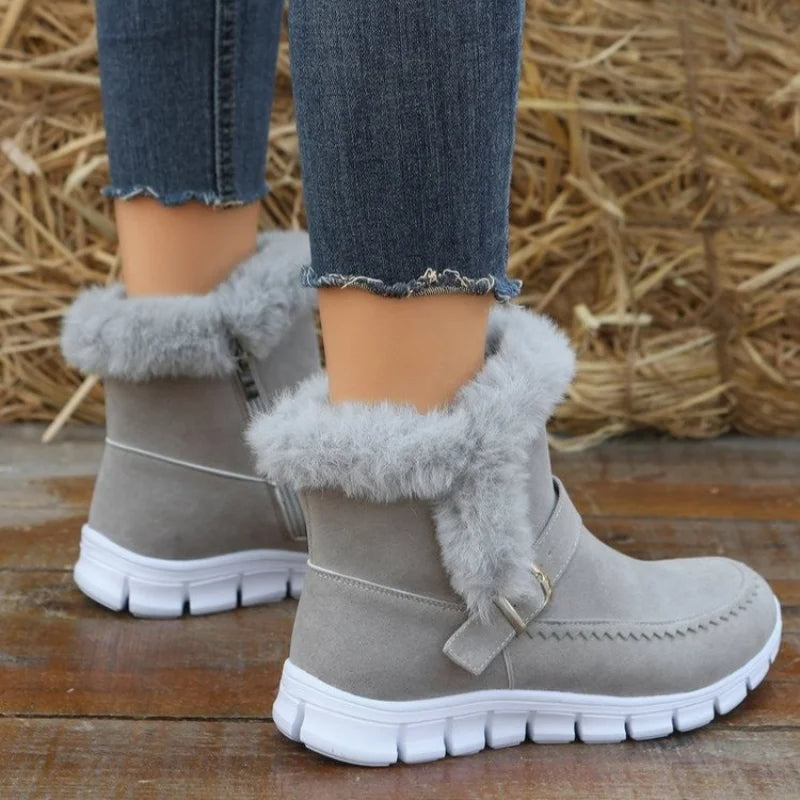 Women's Buckle Snow Ankle Boots – Thick Plush, Side Zipper, Flat