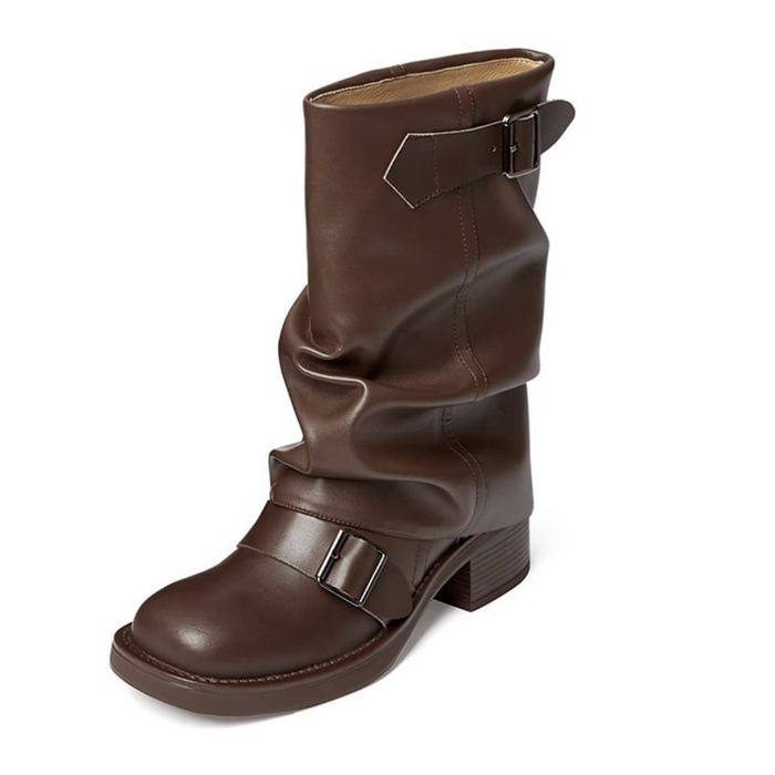 Women's Mid-Calf Boots with Buckle Straps and Block Heel