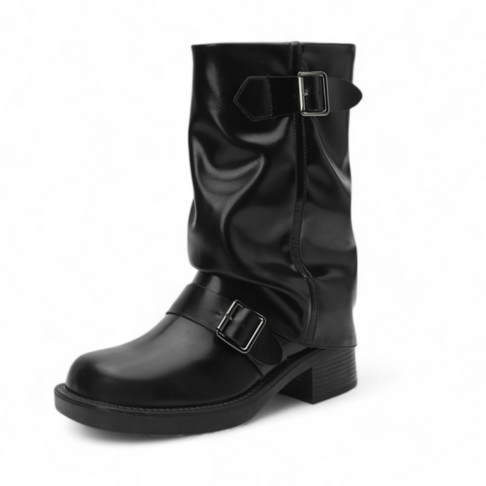 Women's Mid-Calf Boots with Buckle Straps and Block Heel