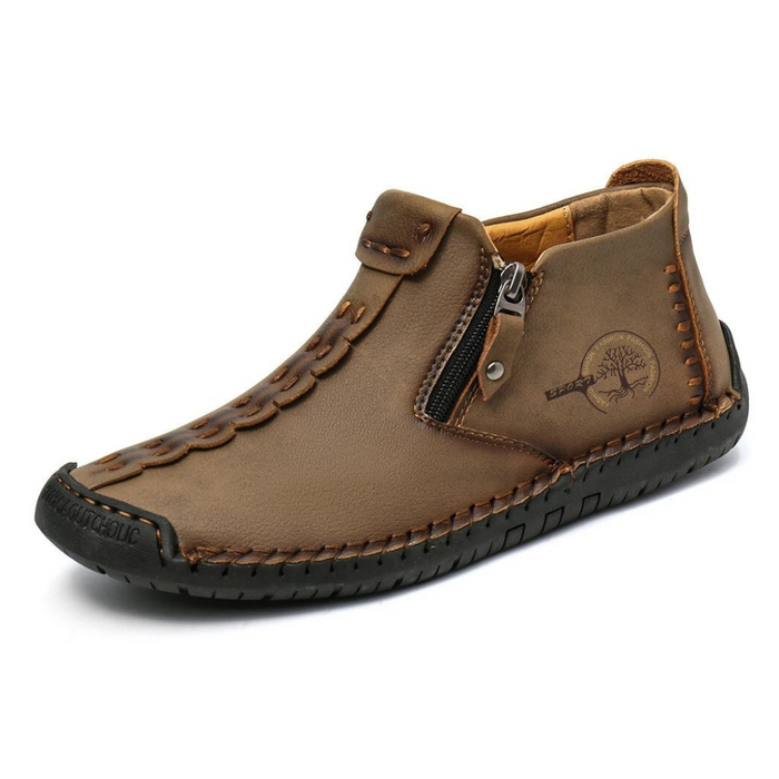 Men's Leather Ankle Boots with Side Zipper and Grip Sole