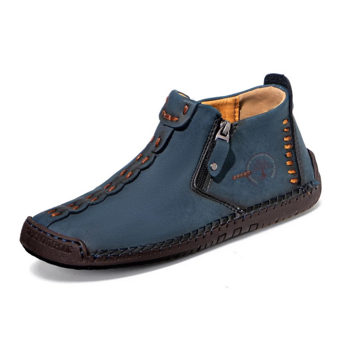 Men's Leather Ankle Boots with Side Zipper and Grip Sole