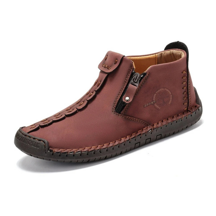 Men's Leather Ankle Boots with Side Zipper and Grip Sole
