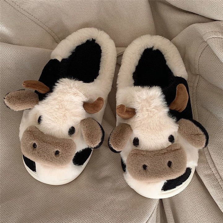 Fluffy cartoon cow house slippers