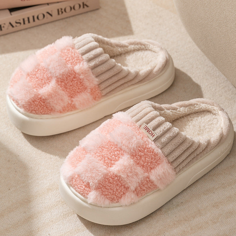 Checkered plush house slippers
