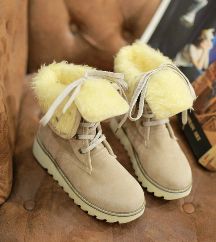 Women's Faux Fur Lace-Up Snow Boots – Fold-Over Cuff Winter Boots