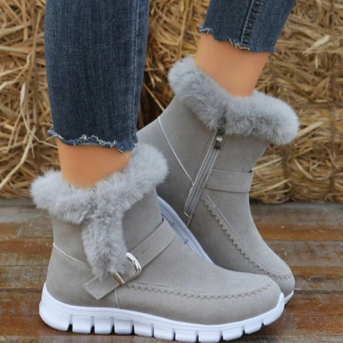 Women's Faux-Fur Trim Winter Ankle Boots with Buckle