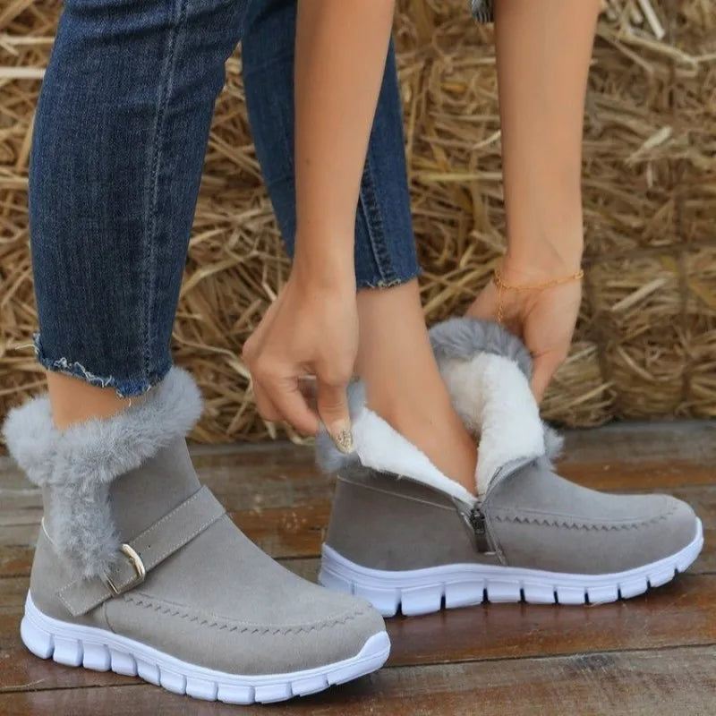 Women's Buckle Snow Ankle Boots – Thick Plush, Side Zipper, Flat