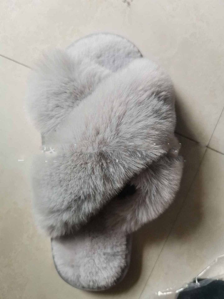 Fluffy criss cross faux fur slides