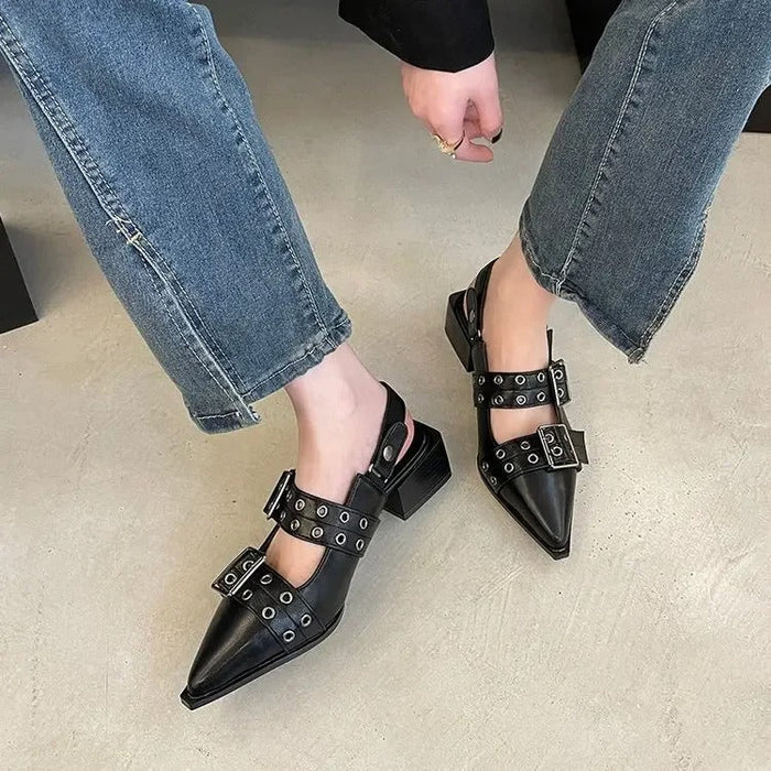 Women's Studded Mary Jane Flats with Buckle Straps