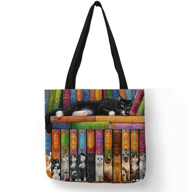 Cat Print Tote Bag Open Top Large Canvas Bag for Shopping