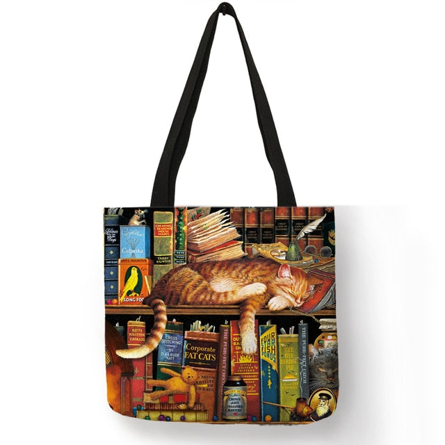 Cat Print Tote Bag Open Top Large Canvas Bag for Shopping