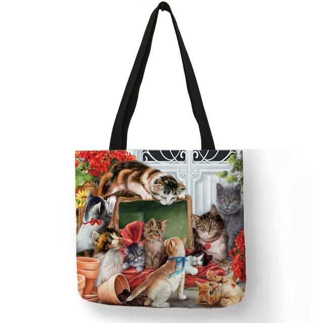 Cat Print Tote Bag Open Top Large Canvas Bag for Shopping