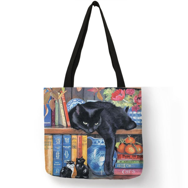 Cat Print Tote Bag Open Top Large Canvas Bag for Shopping
