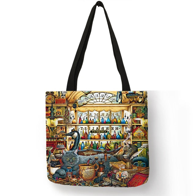 Cat Print Tote Bag Open Top Large Canvas Bag for Shopping