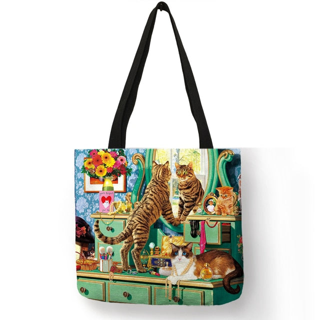 Cat Print Tote Bag Open Top Large Canvas Bag for Shopping