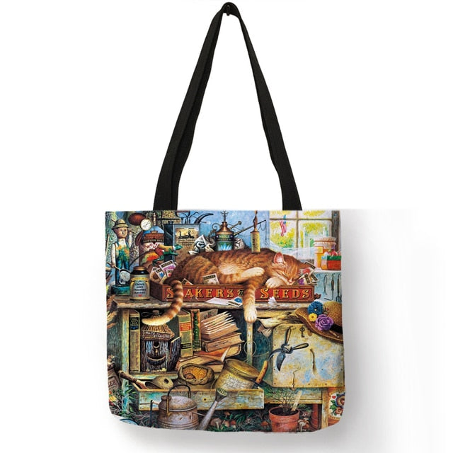 Cat Print Tote Bag Open Top Large Canvas Bag for Shopping