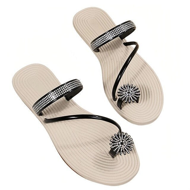 Women's Rhinestone Flat Sandals with Toe Ring and Strap