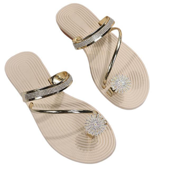 Women's Rhinestone Flat Sandals with Toe Ring and Strap