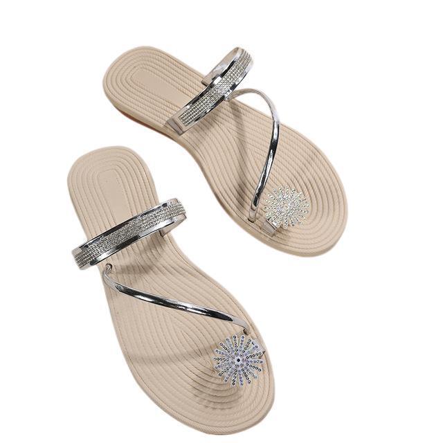 Women's Rhinestone Flat Sandals with Toe Ring and Strap