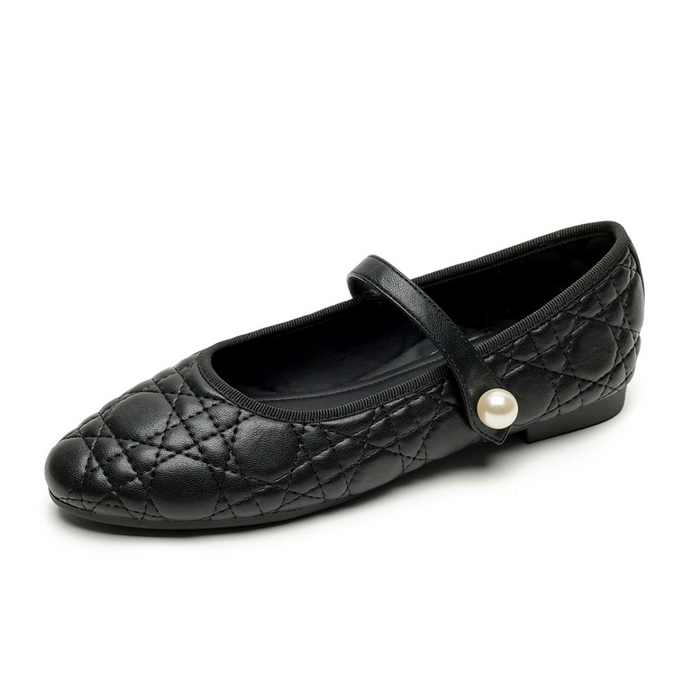 Women's Mary Jane Quilted Flats with Pearl Strap