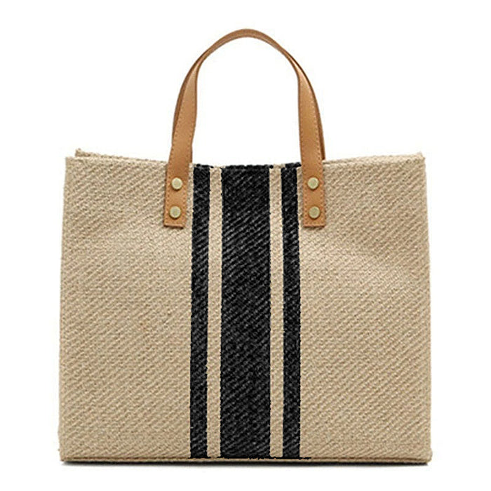 Women's Striped Canvas Tote Bag with Hasp Closure