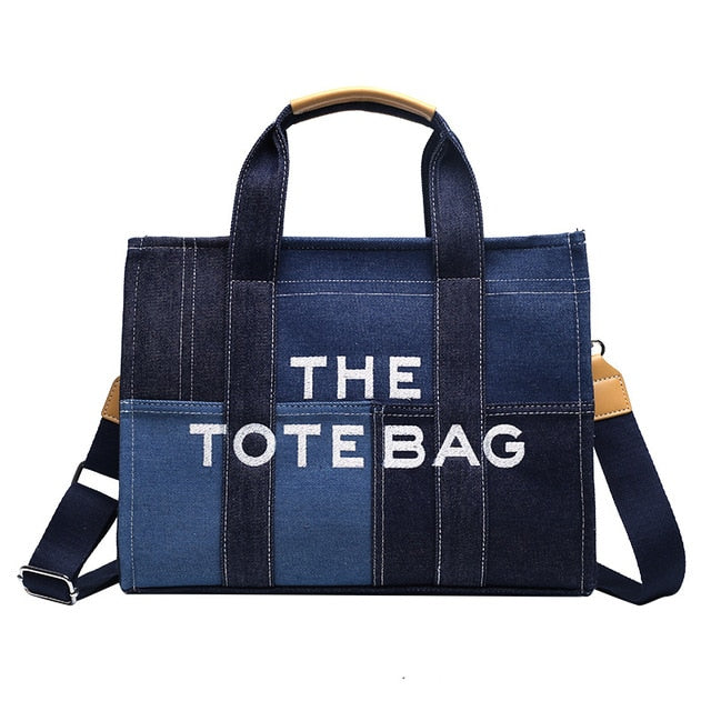 Women's Patchwork Denim Tote Bag with Shoulder Strap