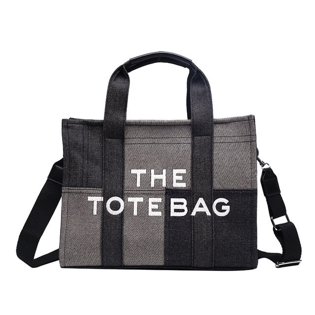 Women's Patchwork Denim Tote Bag with Shoulder Strap
