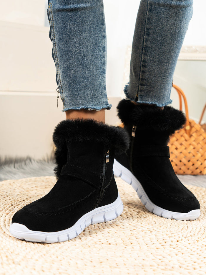 Women's Faux Fur Ankle Boots with Buckle Detail