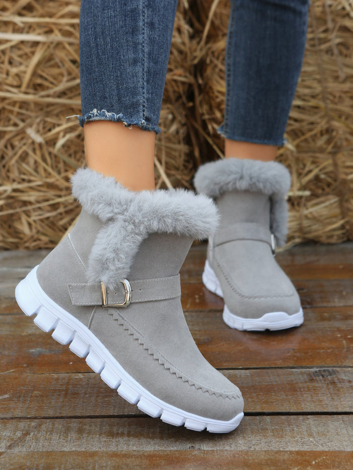 Women's Faux Fur Ankle Boots with Buckle Detail