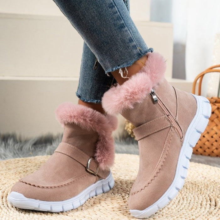 Women's Faux Fur Ankle Boots with Buckle Detail