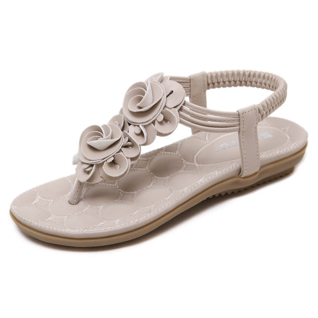 Women's Elastic T-Strap Sandals Floral Detail Slip-On