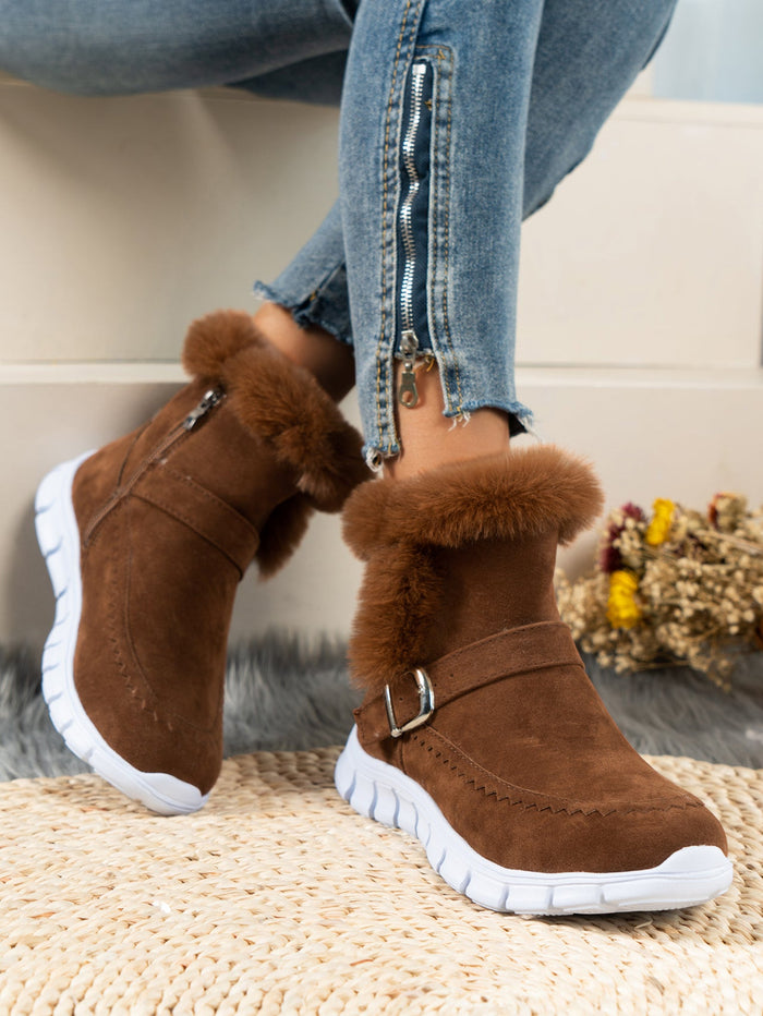 Women's Faux Fur Ankle Boots with Buckle Detail