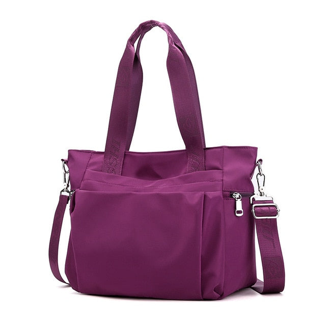 Women's Waterproof Nylon Tote Bag with Zipper and Removable Strap