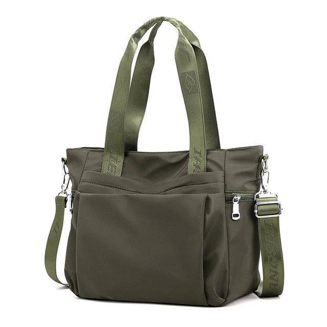 Women's Waterproof Nylon Tote Bag with Zipper and Removable Strap