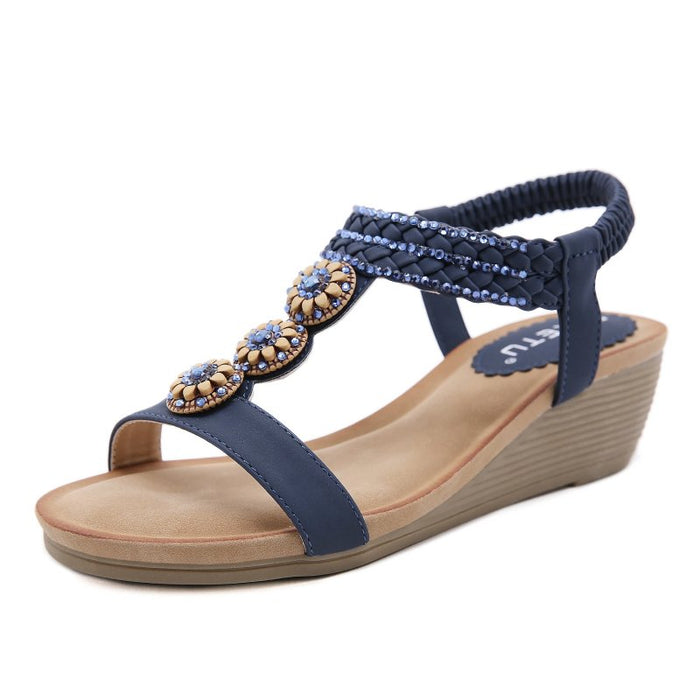 Women's Wedge Sandals Rhinestone T-Strap Elastic Ankle