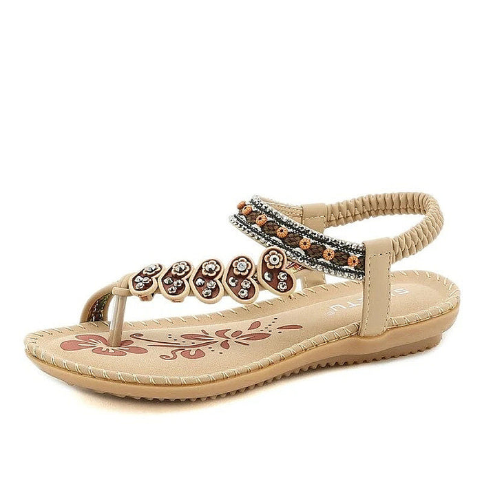 Women's Beaded T-Strap Sandals with Elastic Back Strap