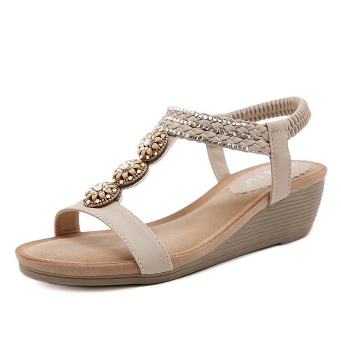 Women's Wedge Sandals Rhinestone T-Strap Elastic Ankle