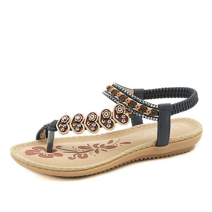 Women's Beaded T-Strap Sandals with Elastic Back Strap