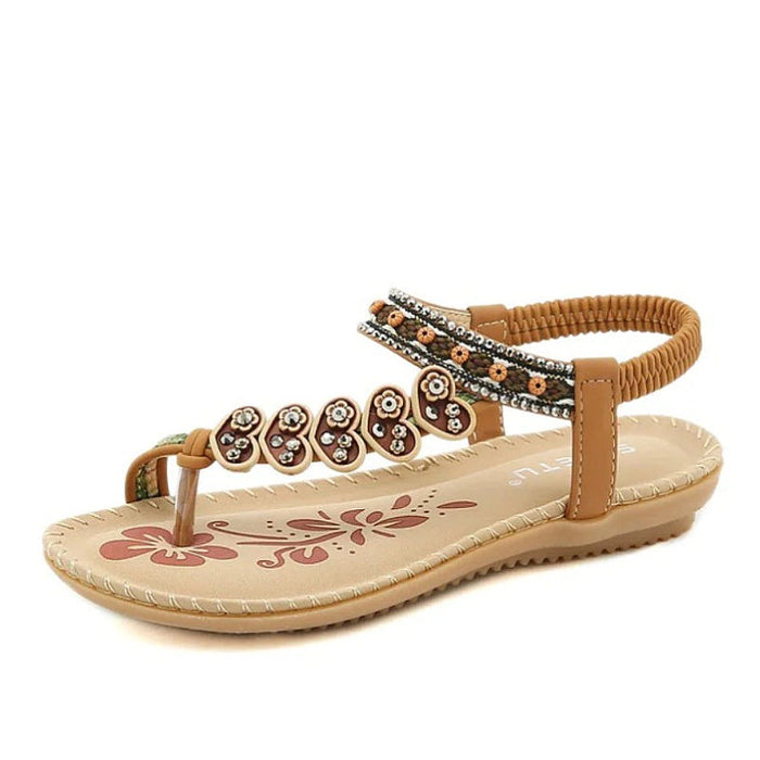 Women's Beaded T-Strap Sandals with Elastic Back Strap